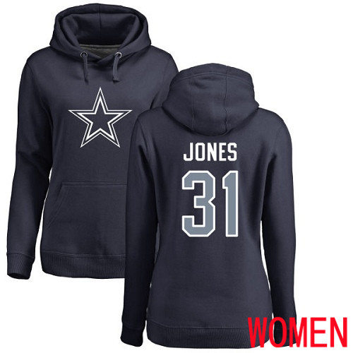 Women Dallas Cowboys Navy Blue Byron Jones Name and Number Logo #31 Pullover NFL Hoodie Sweatshirts->nfl t-shirts->Sports Accessory